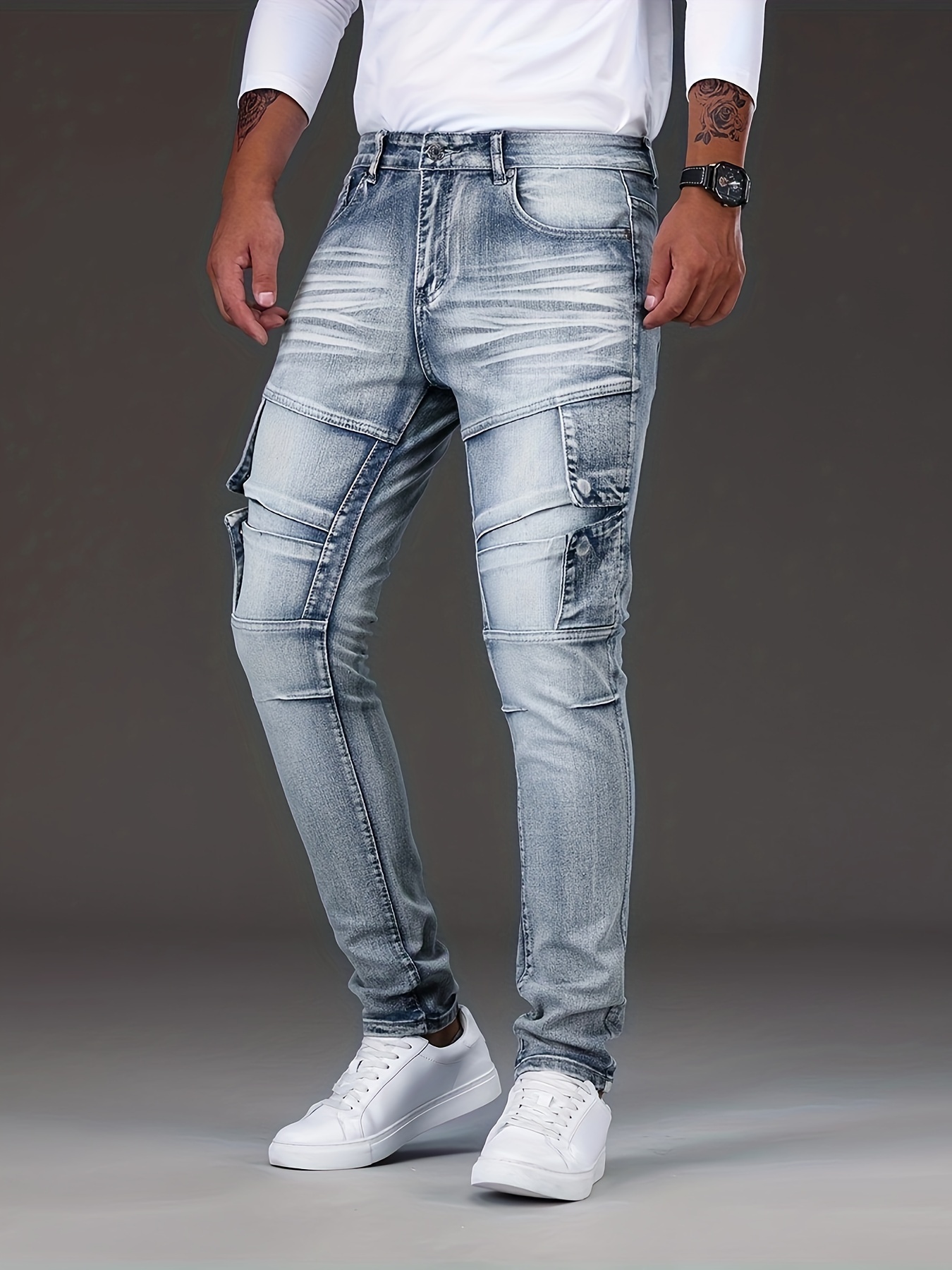 slim fit biker jeans mens casual street style distressed medium stretch denim pants details 2