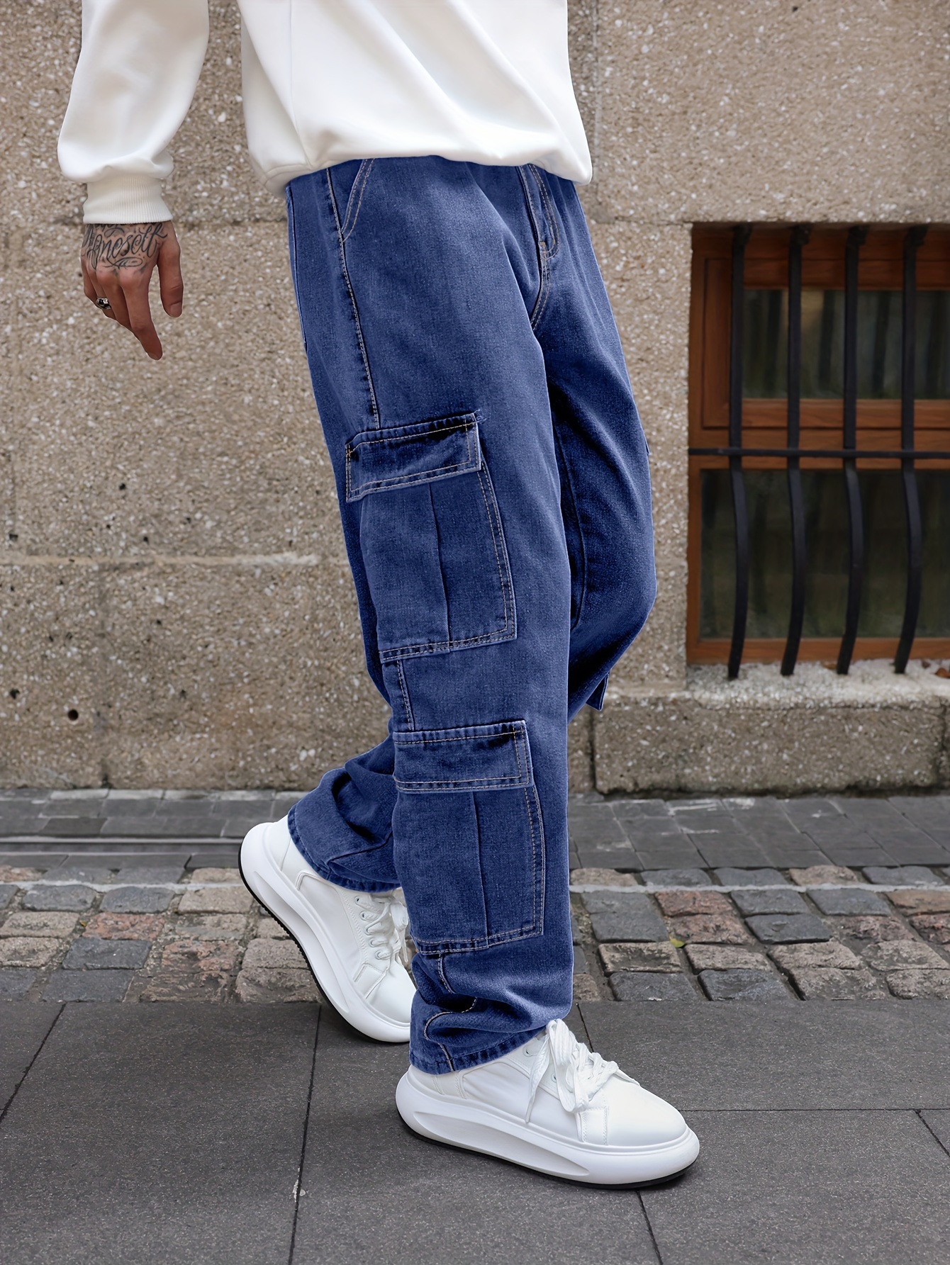 mens multi pocket jeans casual loose fit straight leg jeans details 2