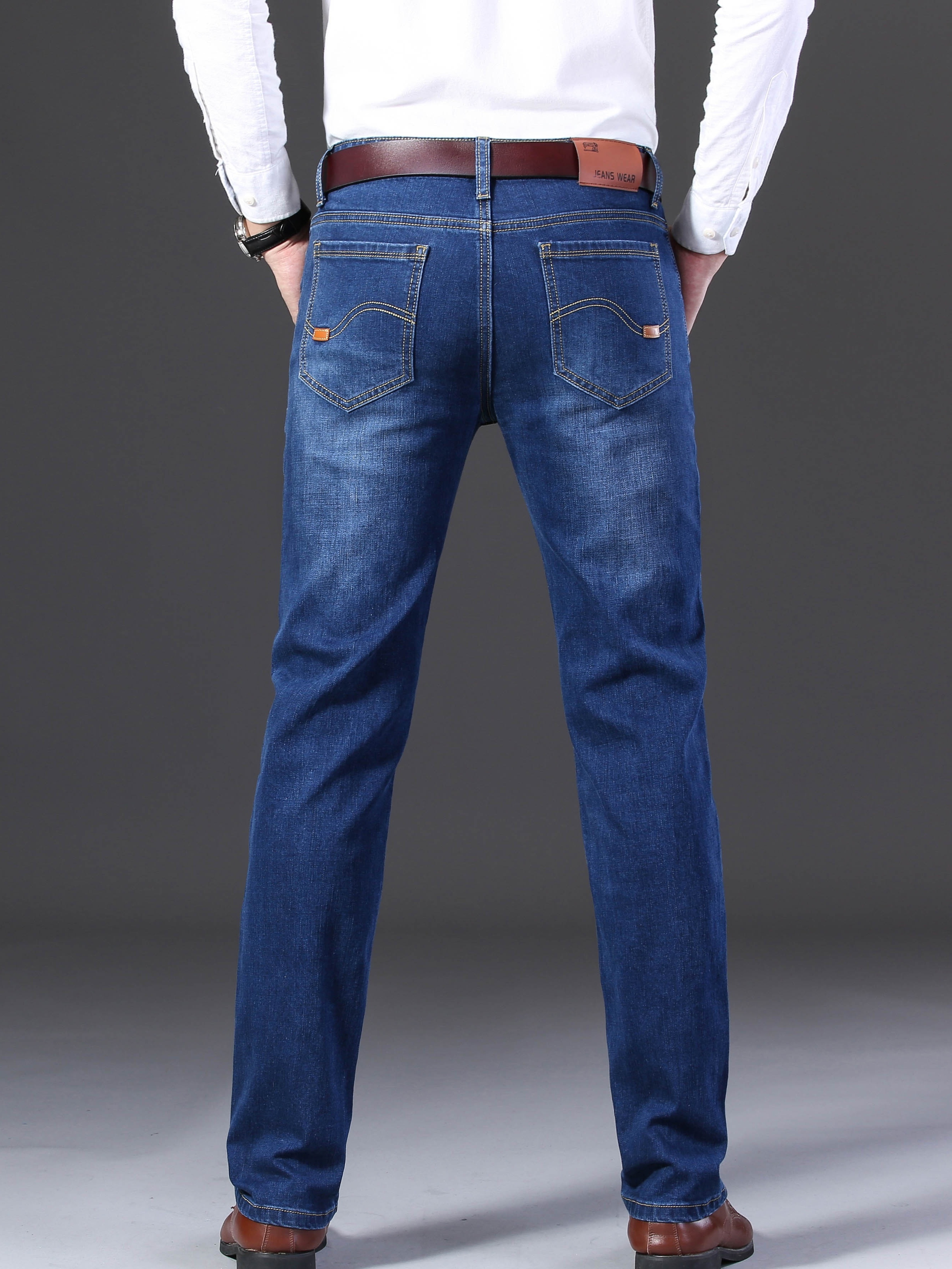 mens straight leg slim stretch retro jeans mid waist basic zipper wash denim pants details 5