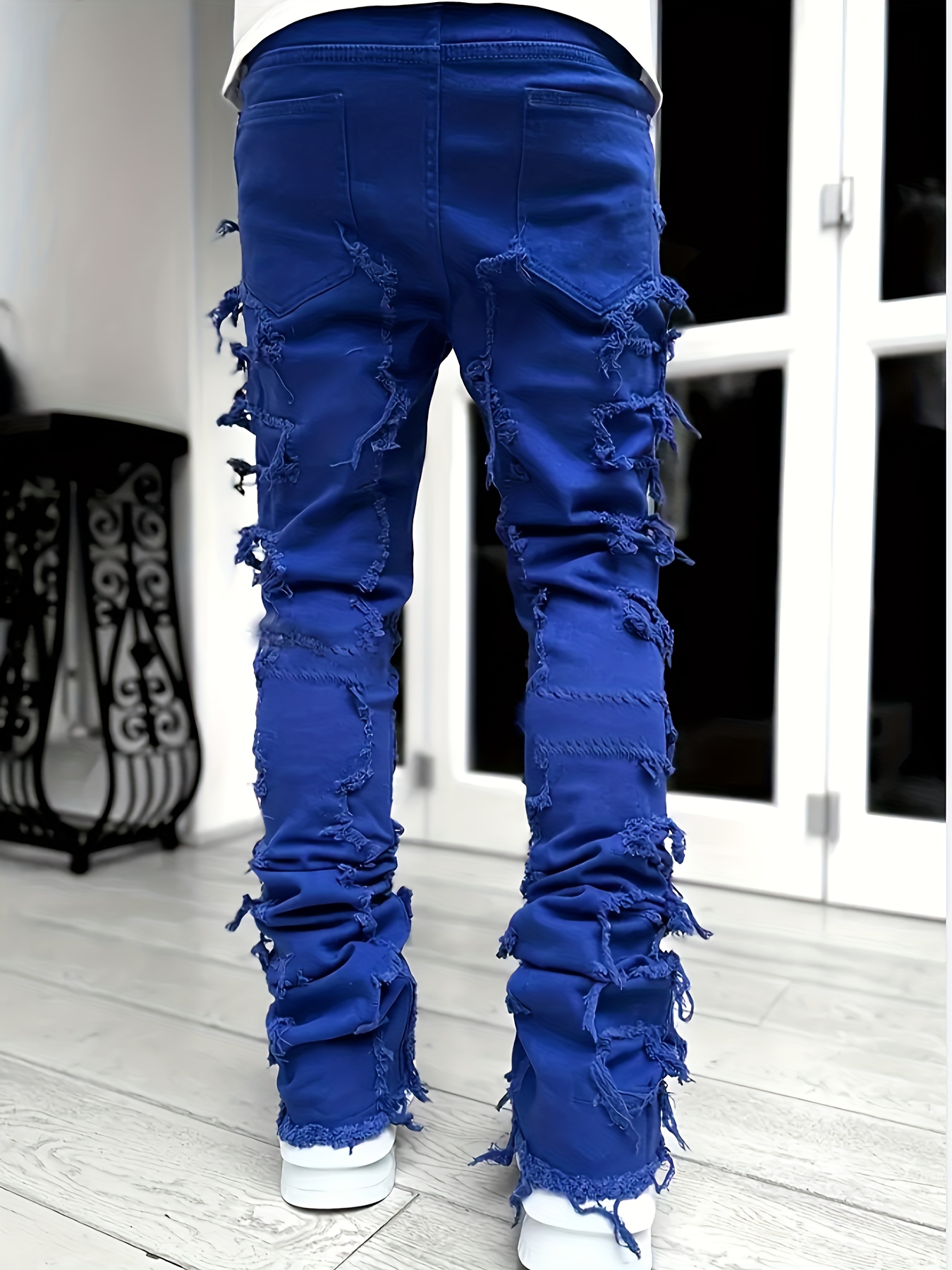 creative raw trim jeans mens casual street style medium stretch denim pants details 16