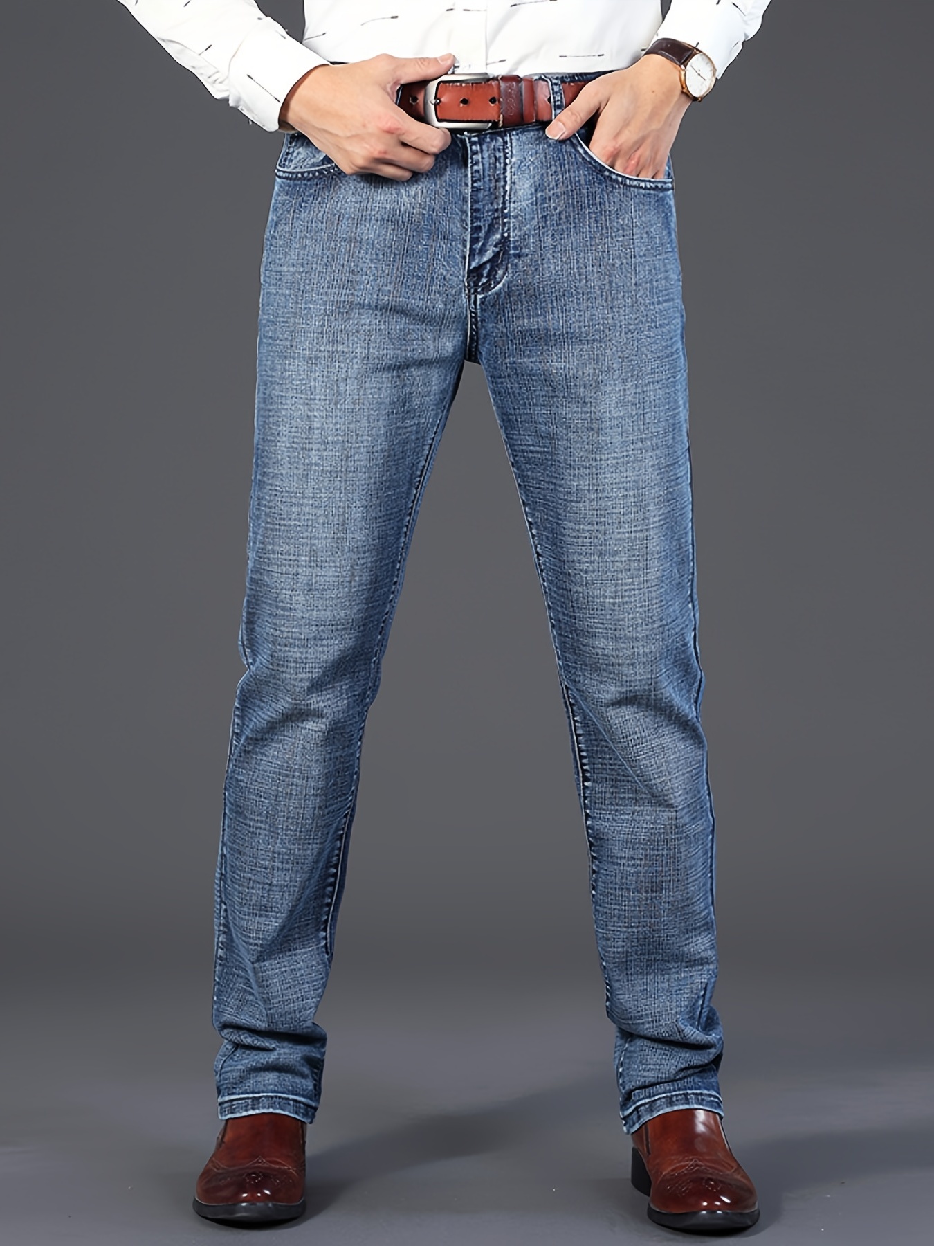 mens straight leg slightly stretch jeans for business semi formal stretch denim pants details 0