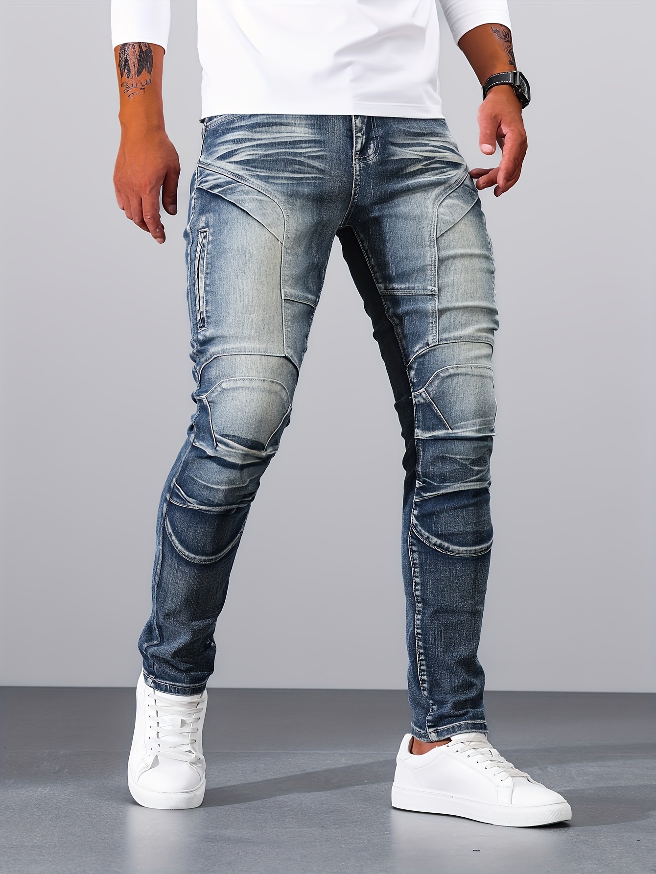 casual vintage style denim pants, mens casual vintage style denim pants street style skinny biker jeans details 2