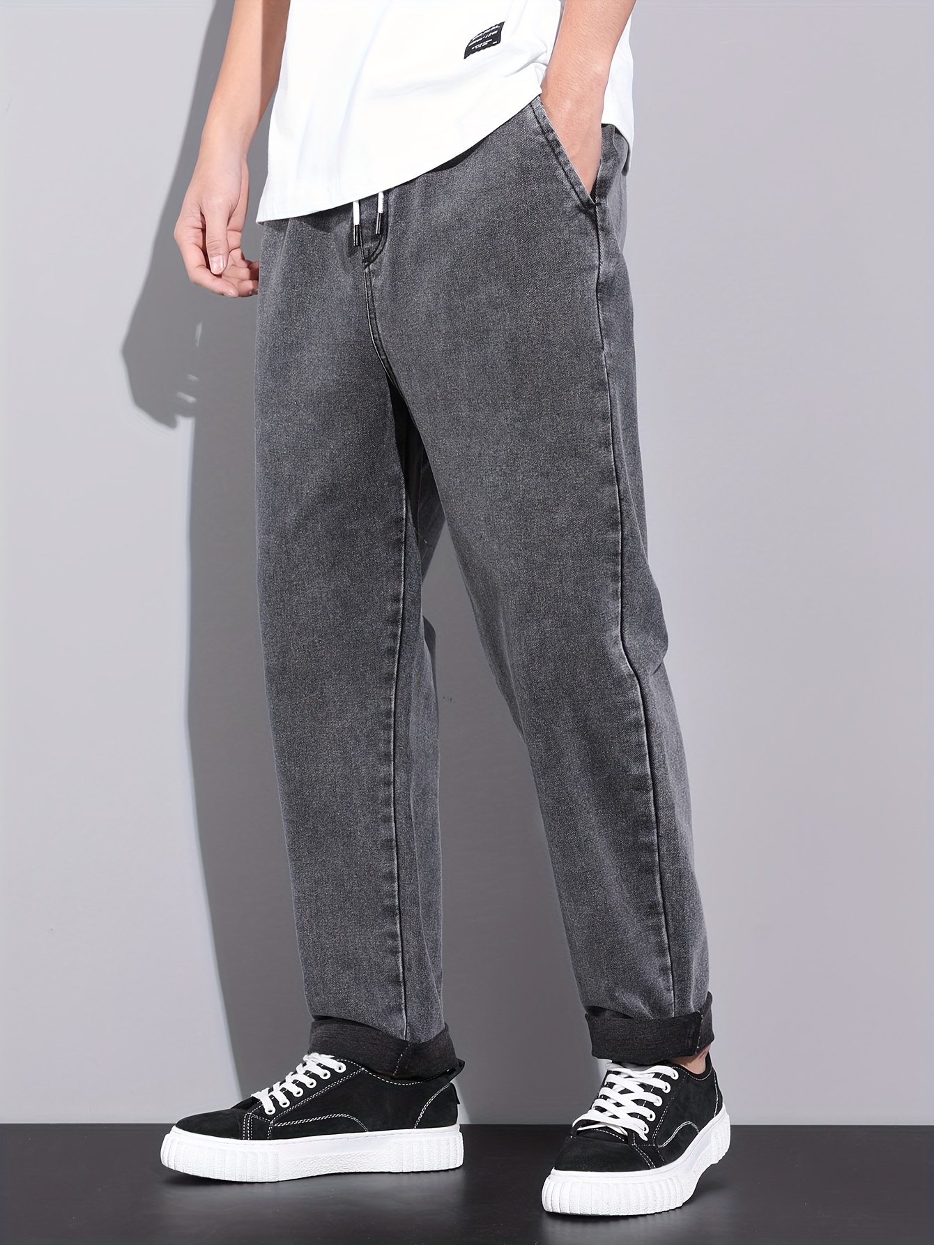 mens trendy denim jeans casual straight leg loose fit trousers for outdoor fall details 2