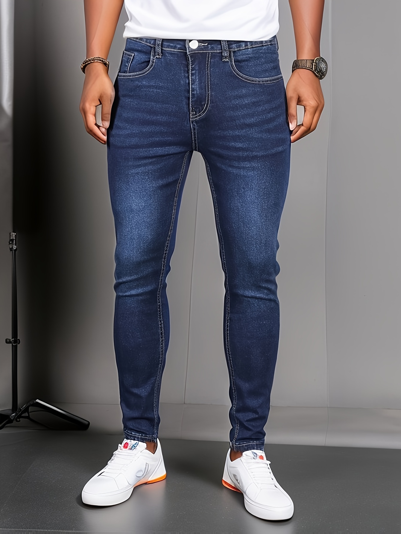 mens casual skinny jeans street style medium stretch denim pants details 3