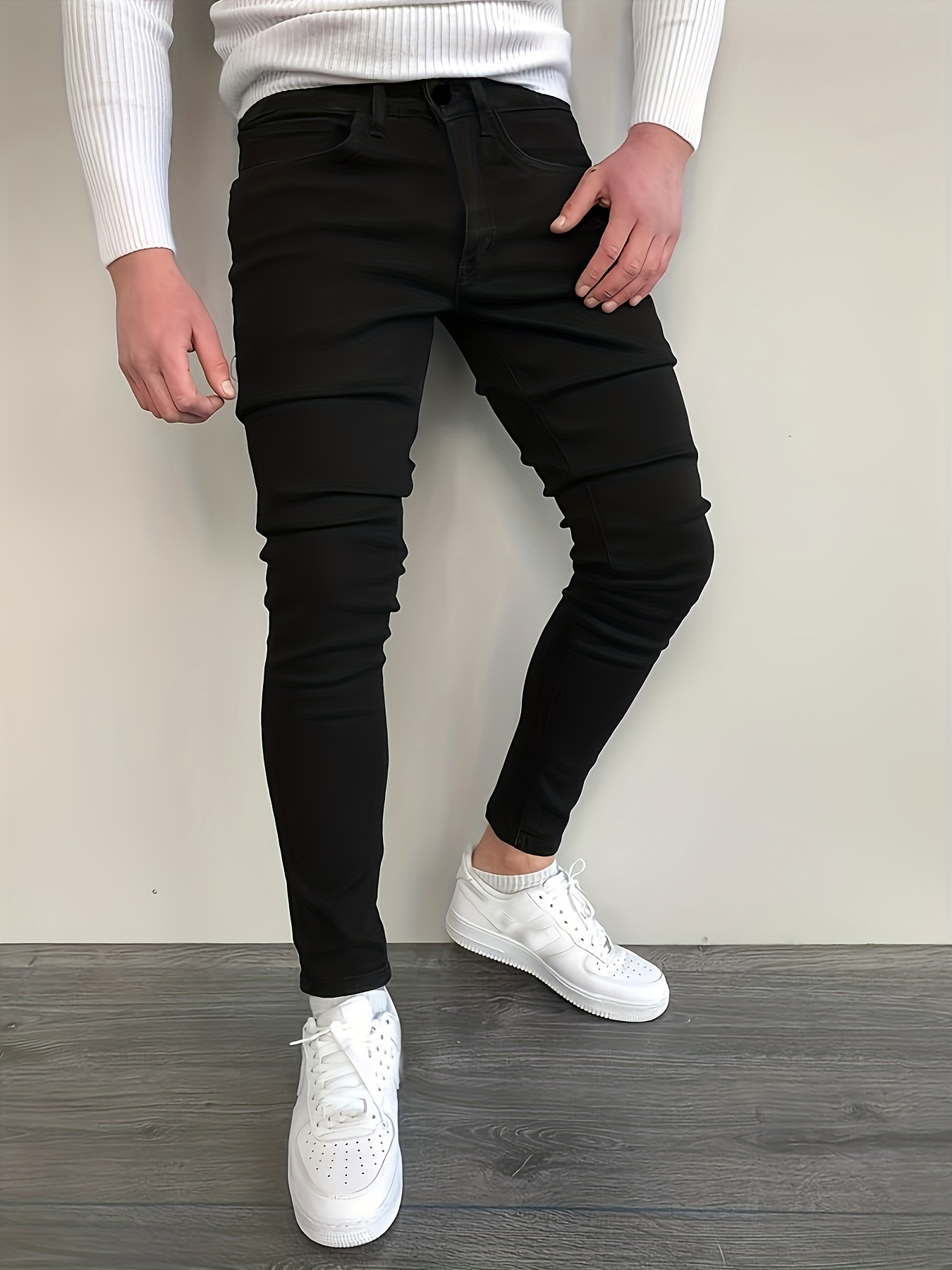 slim fit cotton jeans mens casual street style solid color classic design mid stretch denim pants for spring summer details 10