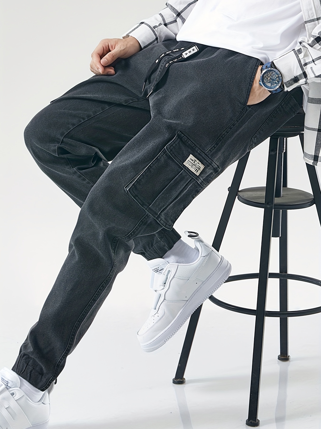 mens casual regular drawstring cargo jeans with pocket mens outfits details 8