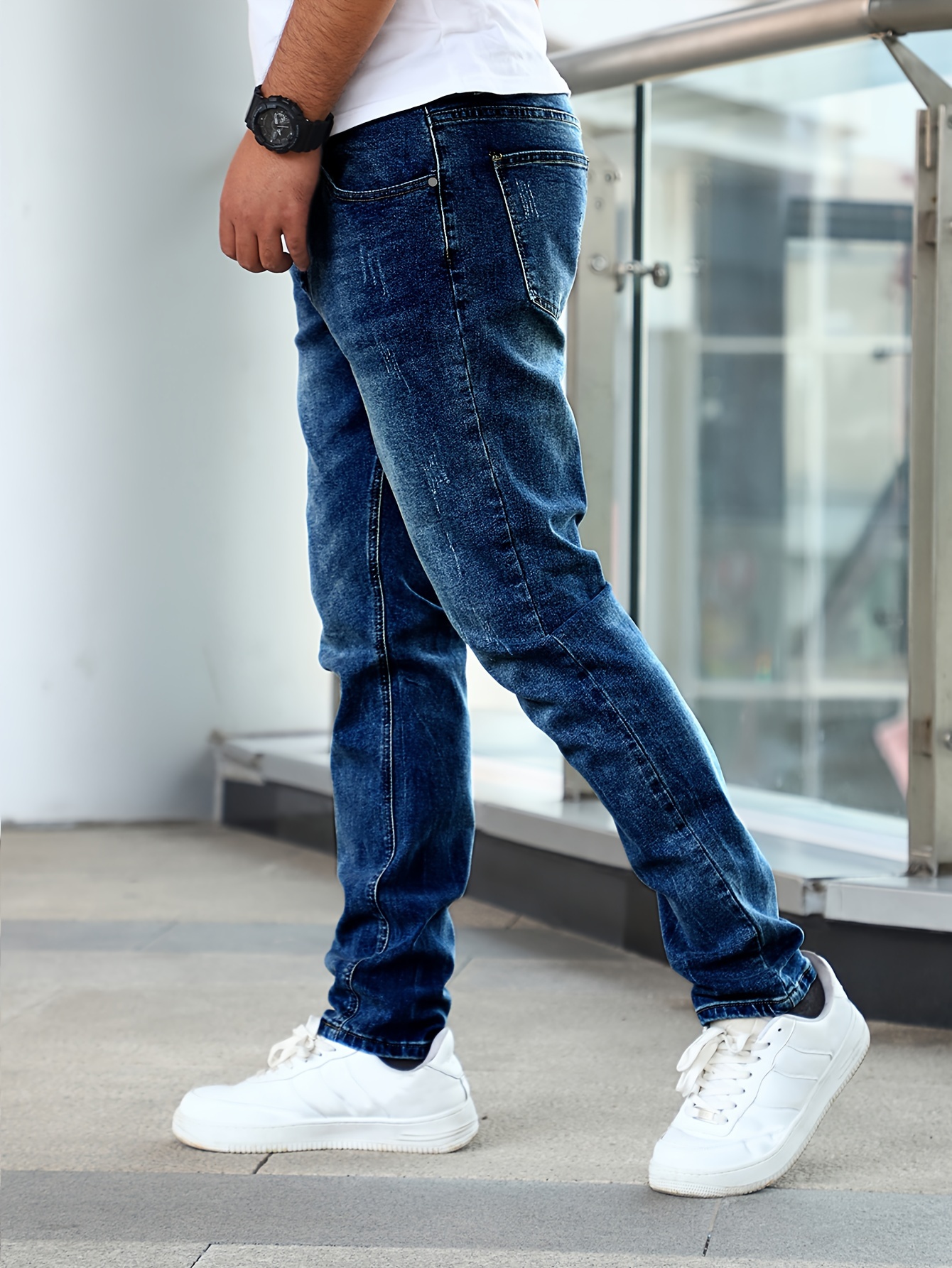 mens casual medium stretch jeans classic design denim pants details 3