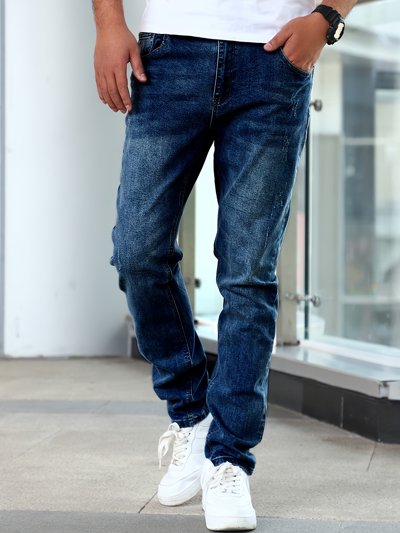 mens casual medium stretch jeans classic design denim pants details 4