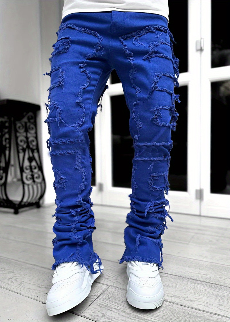 creative tassels decoration straight fit jeans mens casual medium stretch street style denim pants for all seasons details 2