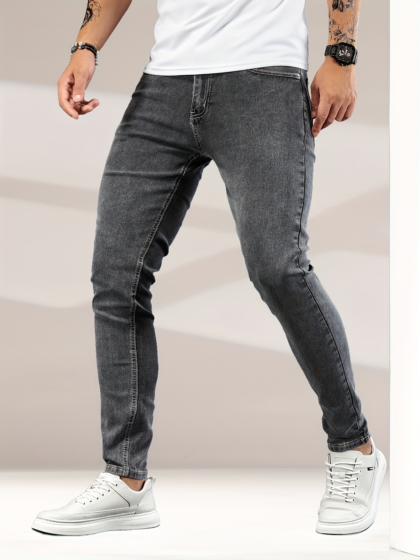 slim fit classic design jeans mens casual street style stretch denim pants details 10