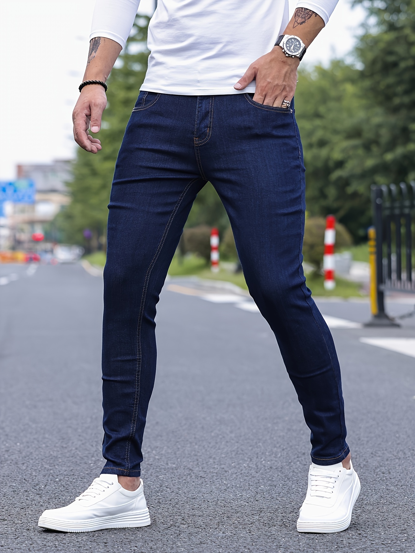 slim fit classic design jeans mens casual street style stretch denim pants details 13