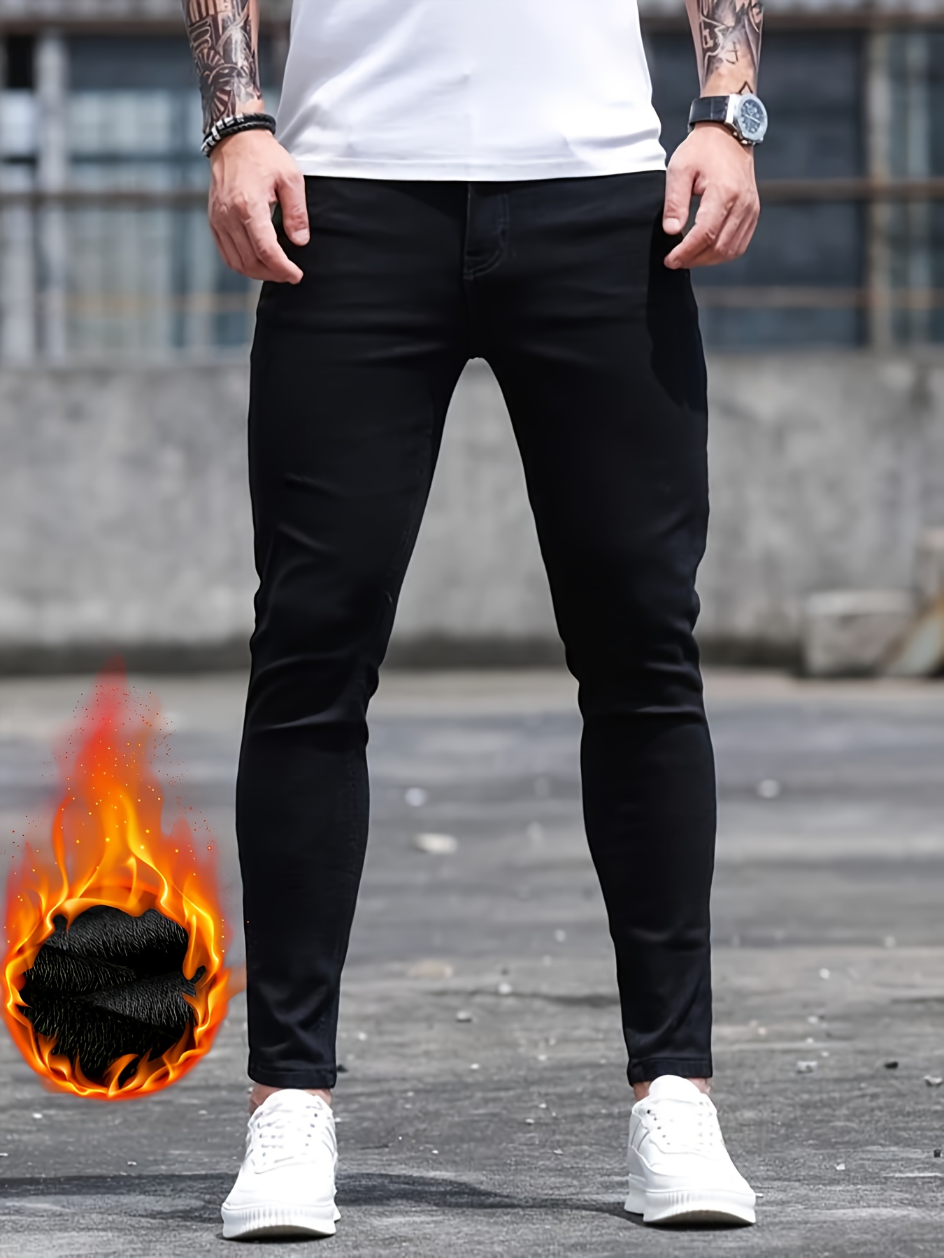 mens casual fleece lined jeans street style medium stretch skinny jeans details 1