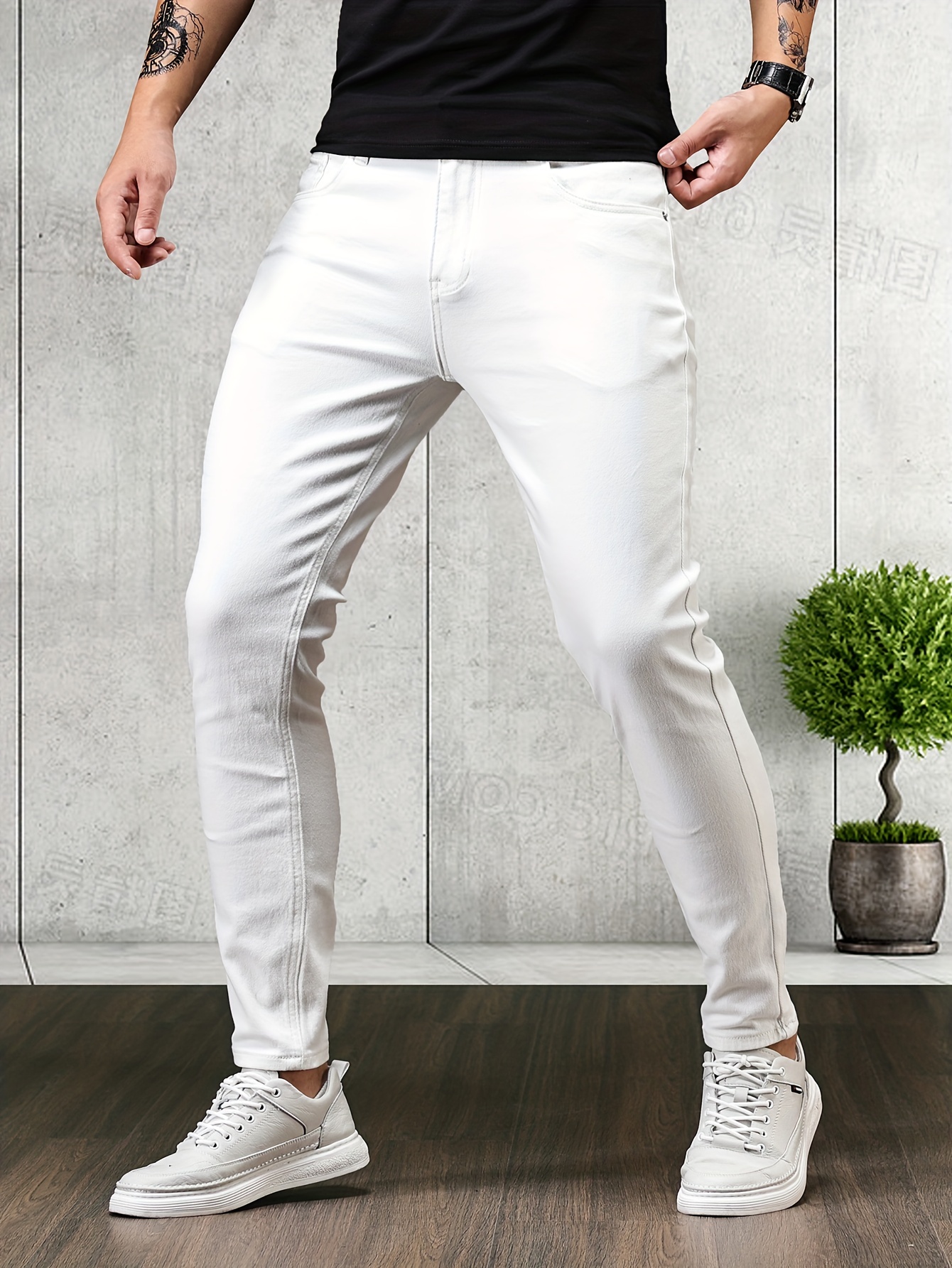 contrast stitching slim fit jeans mens casual street style mid stretch denim pants for spring summer details 5