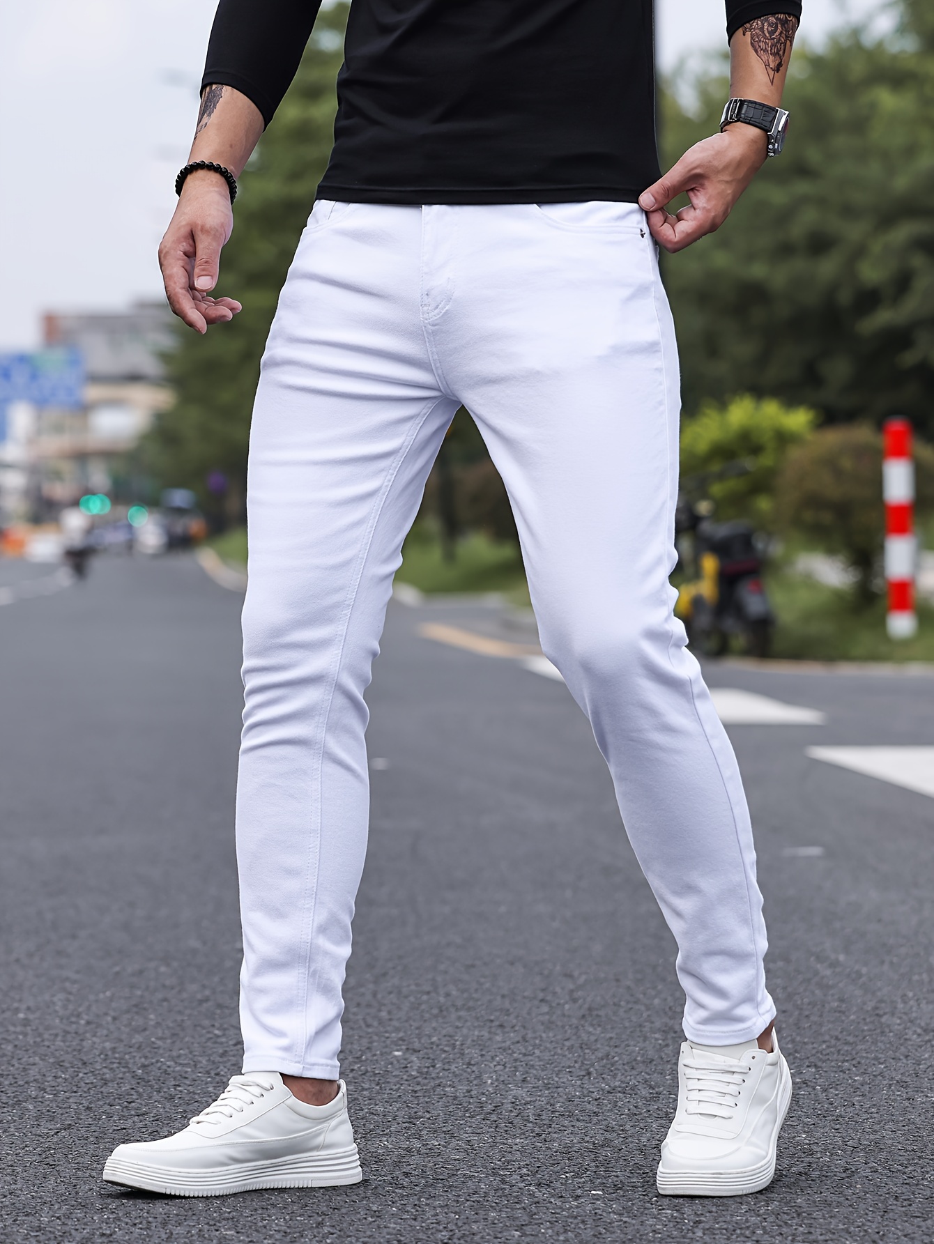 contrast stitching slim fit jeans mens casual street style mid stretch denim pants for spring summer details 15