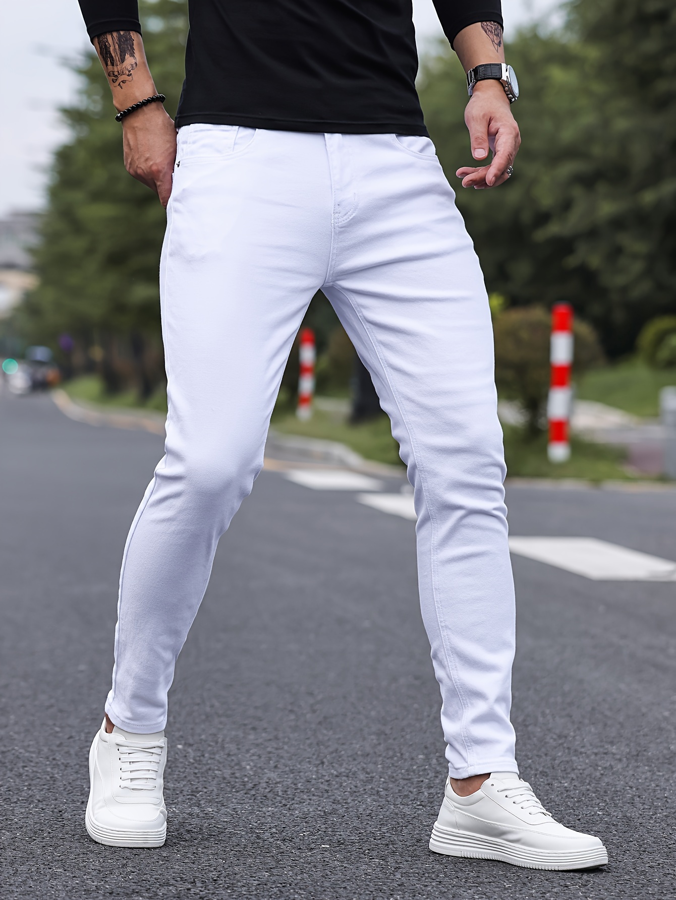 contrast stitching slim fit jeans mens casual street style mid stretch denim pants for spring summer details 19