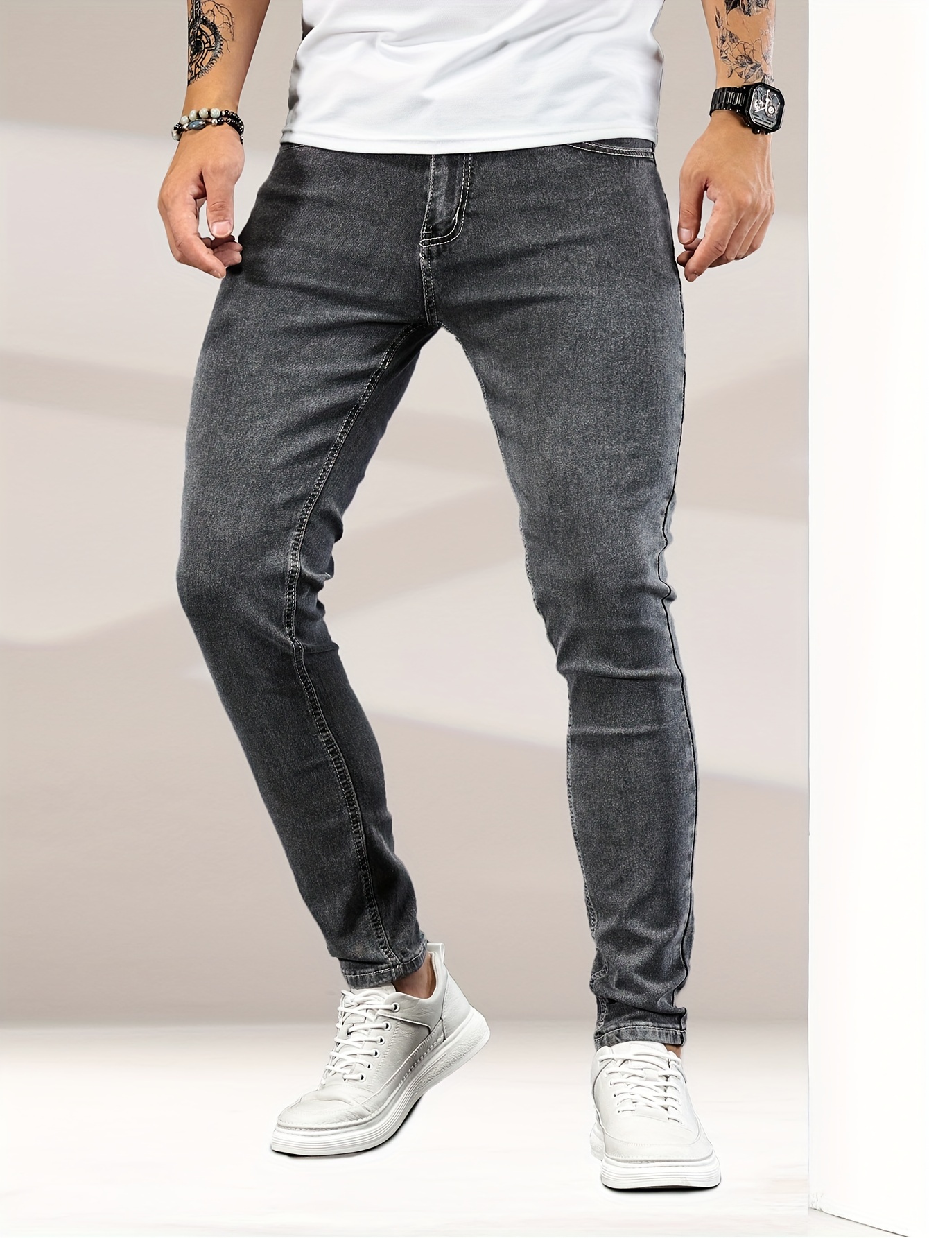 contrast stitching slim fit jeans mens casual street style mid stretch denim pants for spring summer details 27