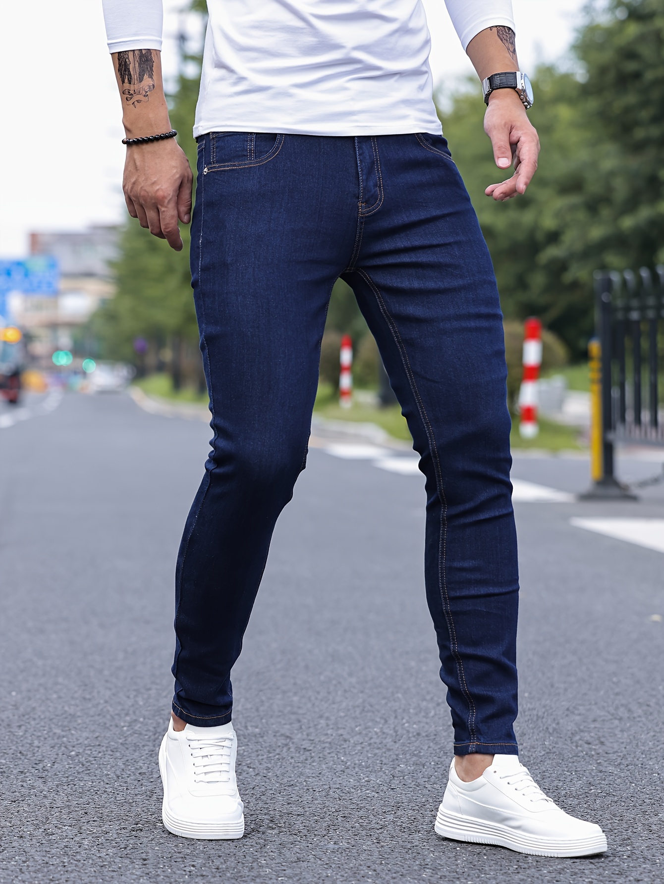 contrast stitching slim fit jeans mens casual street style mid stretch denim pants for spring summer details 31