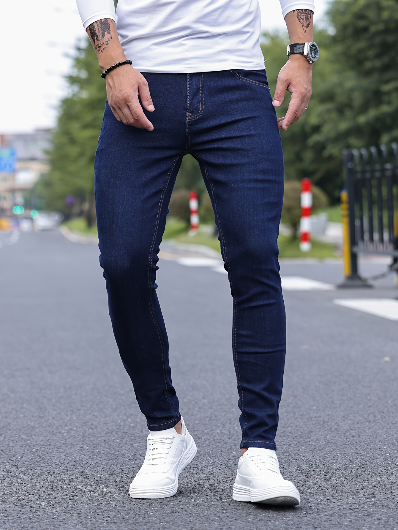 contrast stitching slim fit jeans mens casual street style mid stretch denim pants for spring summer details 35