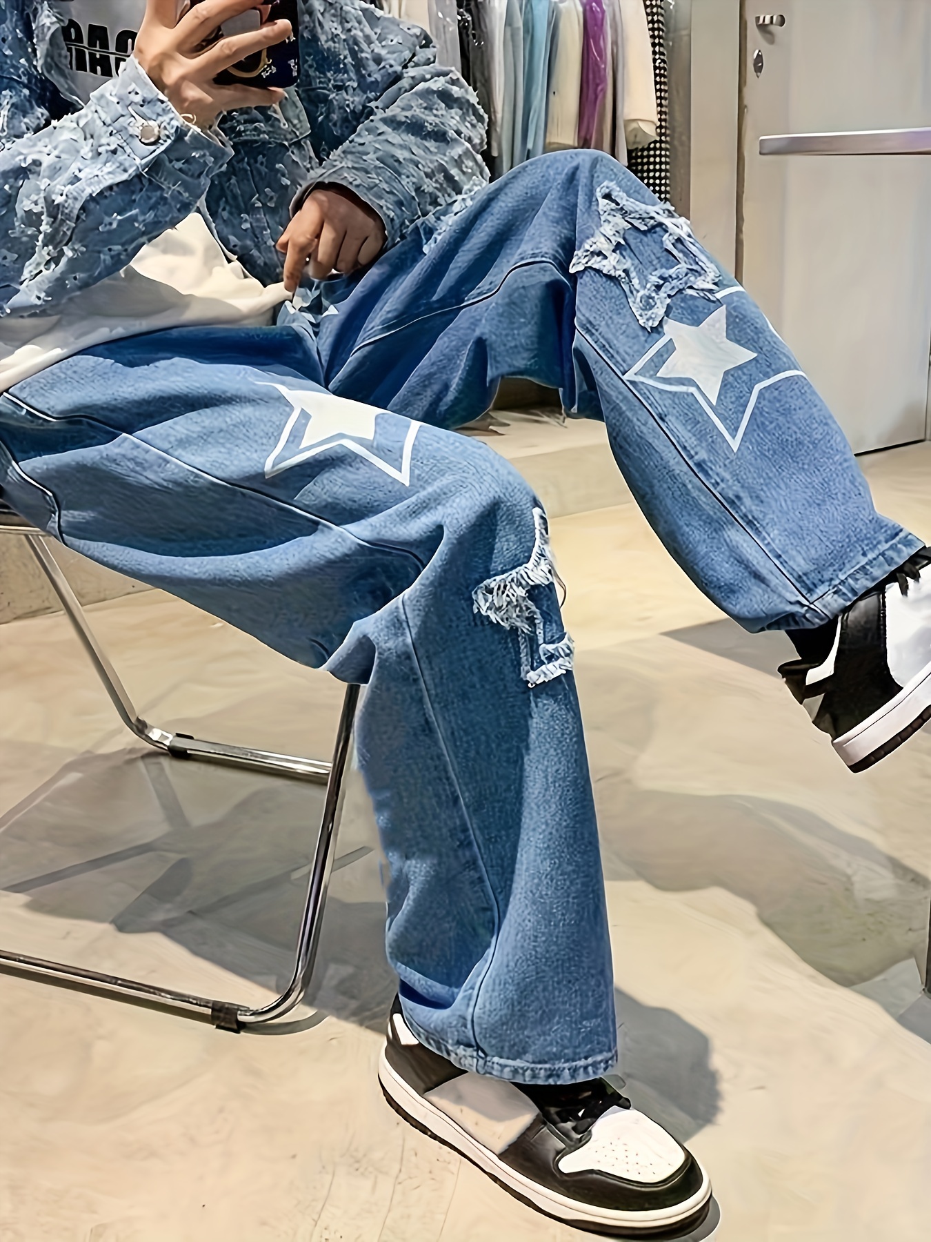 y2k distressed star pattern jeans mens halloween casual street style loose fit denim pants for the four seasons details 0