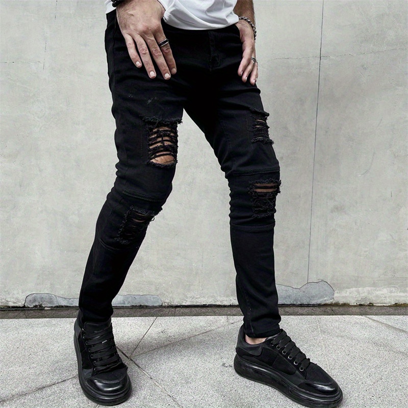 slim fit denim pants, mens fashion ripped skinny mid stretch jeans slim fit denim pants with pockets details 2