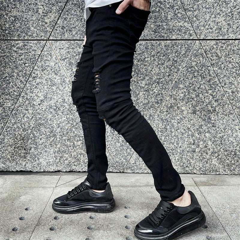 slim fit denim pants, mens fashion ripped skinny mid stretch jeans slim fit denim pants with pockets details 5