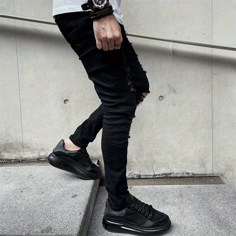 slim fit denim pants, mens fashion ripped skinny mid stretch jeans slim fit denim pants with pockets details 6