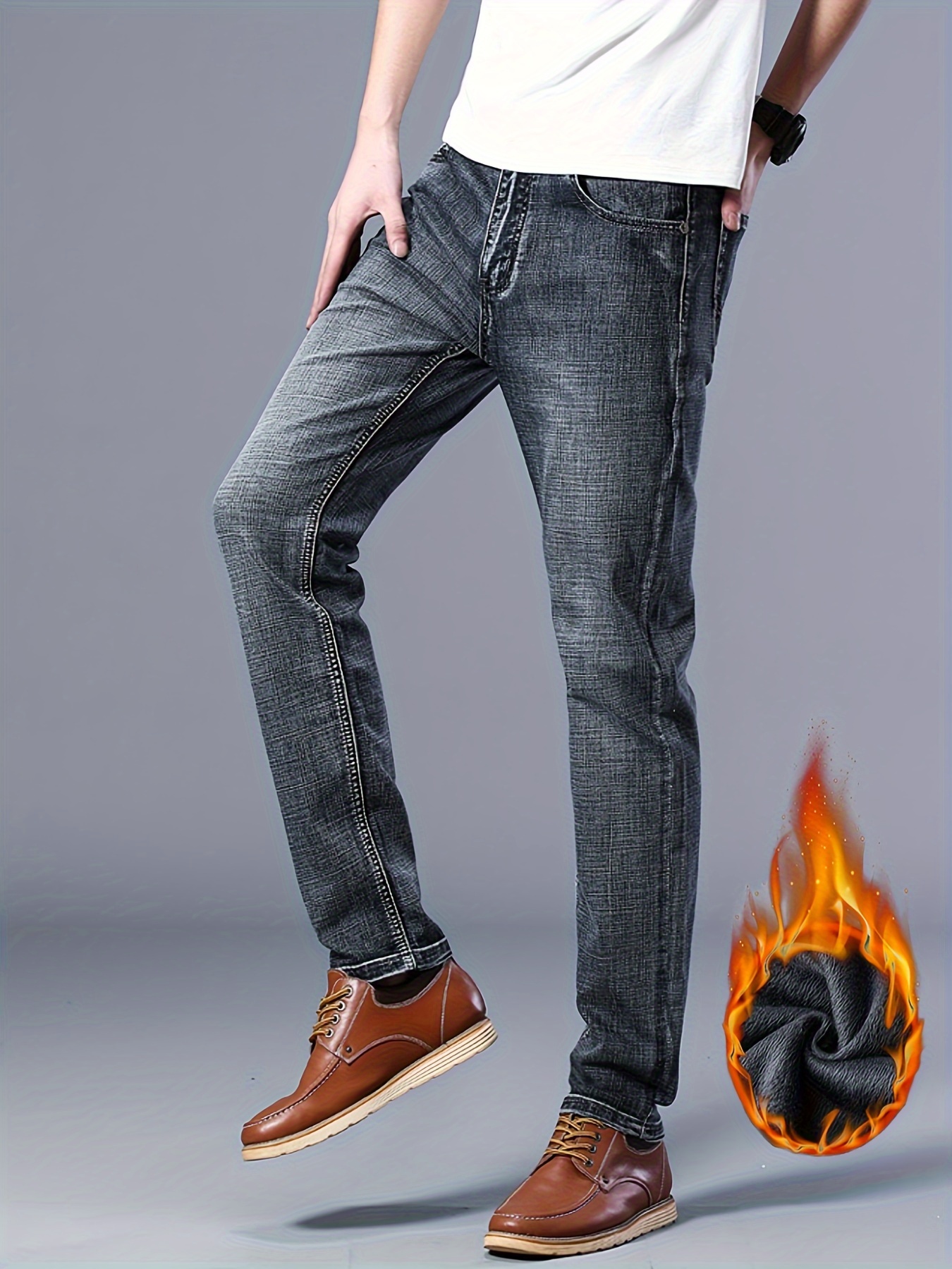 warm fleece straight leg jeans for business mens semi formal denim pants for fall winter details 0