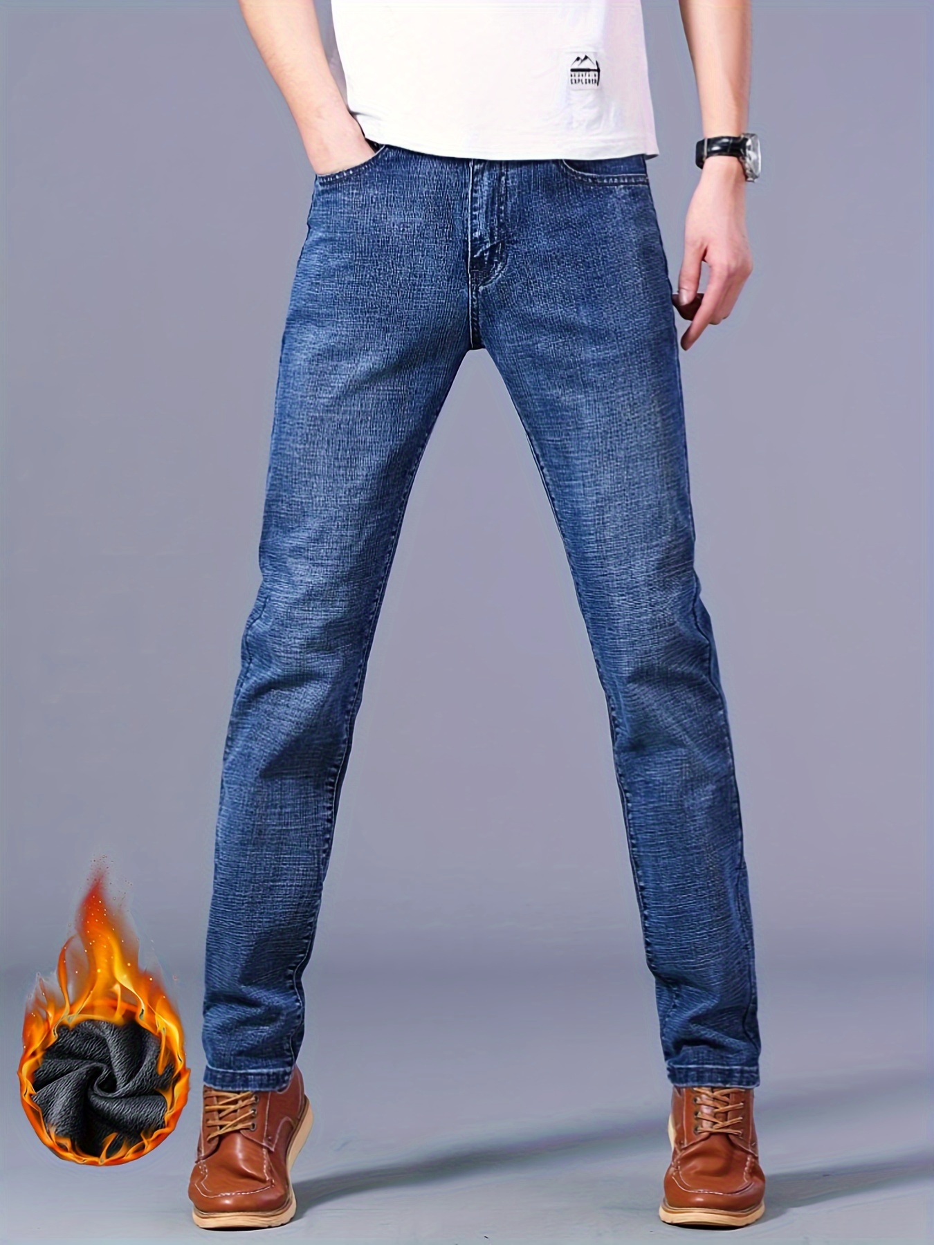 warm fleece straight leg jeans for business mens semi formal denim pants for fall winter details 13